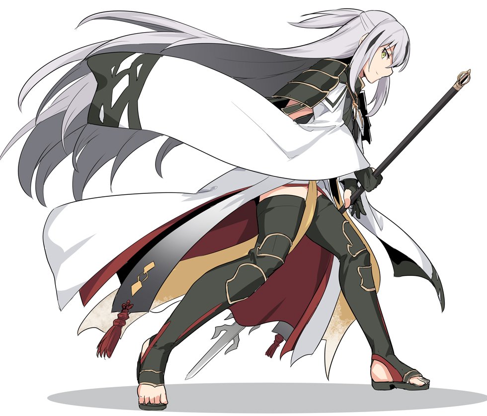 armor black_gloves black_legwear character_request copyright_request from_side gloves green_eyes grey_hair hair_between_eyes holding holding_spear holding_weapon jacket long_hair long_sleeves looking_at_viewer polearm ponytail shiseki_hirame solo spear thigh-highs weapon white_jacket