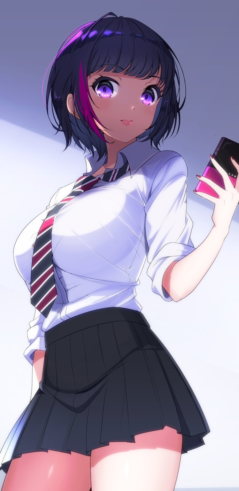 1girl black_hair black_neckwear black_skirt blush breasts cellphone closed_mouth collared_shirt earrings highres holding holding_cellphone holding_phone jewelry large_breasts looking_at_viewer multicolored_hair multicolored_neckwear nasubi_(w.c.s) necktie original phone pink_hair red_nails red_neckwear shirt short_hair skirt smartphone solo stud_earrings violet_eyes white_neckwear white_shirt