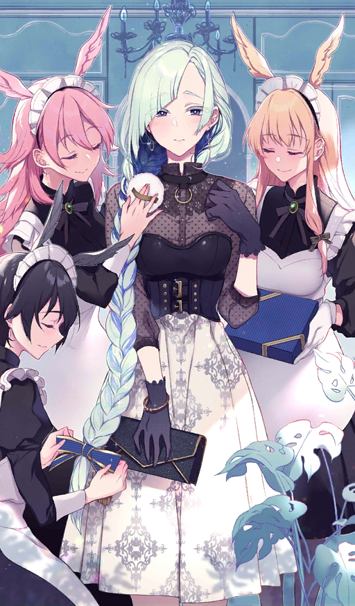 4girls alternate_costume alternate_hairstyle apron bag black_corset black_gloves black_hair black_shirt blonde_hair blue_hair blush box braid breasts brynhildr_(fate) closed_eyes commentary corset craft_essence earrings enmaided eyebrows_visible_through_hair fate/grand_order fate_(series) gloves hair_over_one_eye hair_over_shoulder handbag head_wings hildr_(fate/grand_order) holding holding_box holding_handbag jewelry light_smile long_braid long_hair long_skirt looking_at_viewer maid maid_apron maid_headdress medium_breasts multiple_girls official_art ortlinde_(fate/grand_order) pink_hair pochi_(pochi-goya) see-through shirt short_hair single_braid skirt smile thrud_(fate/grand_order) valkyrie_(fate/grand_order) valkyrie_style very_long_hair violet_eyes white_apron white_skirt