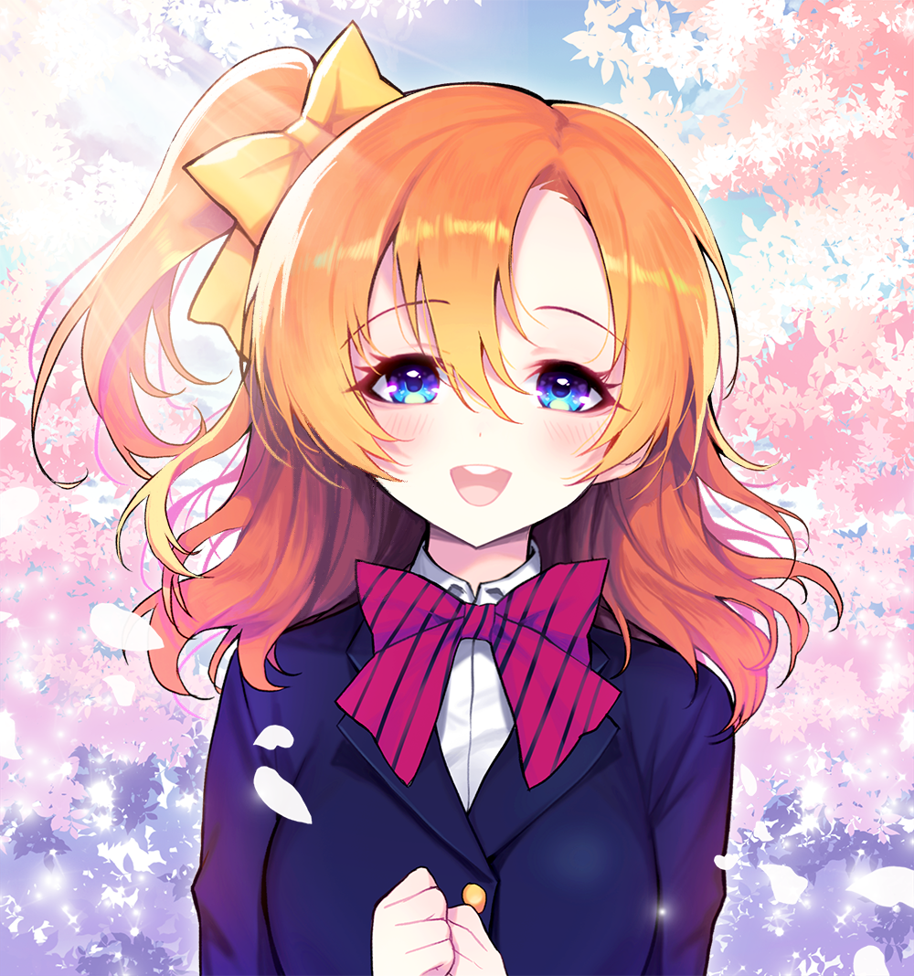 1girl blue_eyes blue_jacket blush bow breasts brown_hair cherry_blossoms eyebrows_visible_through_hair hair_between_eyes hair_bow jacket kousaka_honoka kyundoo large_breasts long_hair looking_at_viewer love_live! love_live!_school_idol_project one_side_up orange_hair outdoors pink_bow school_uniform smile solo upper_teeth