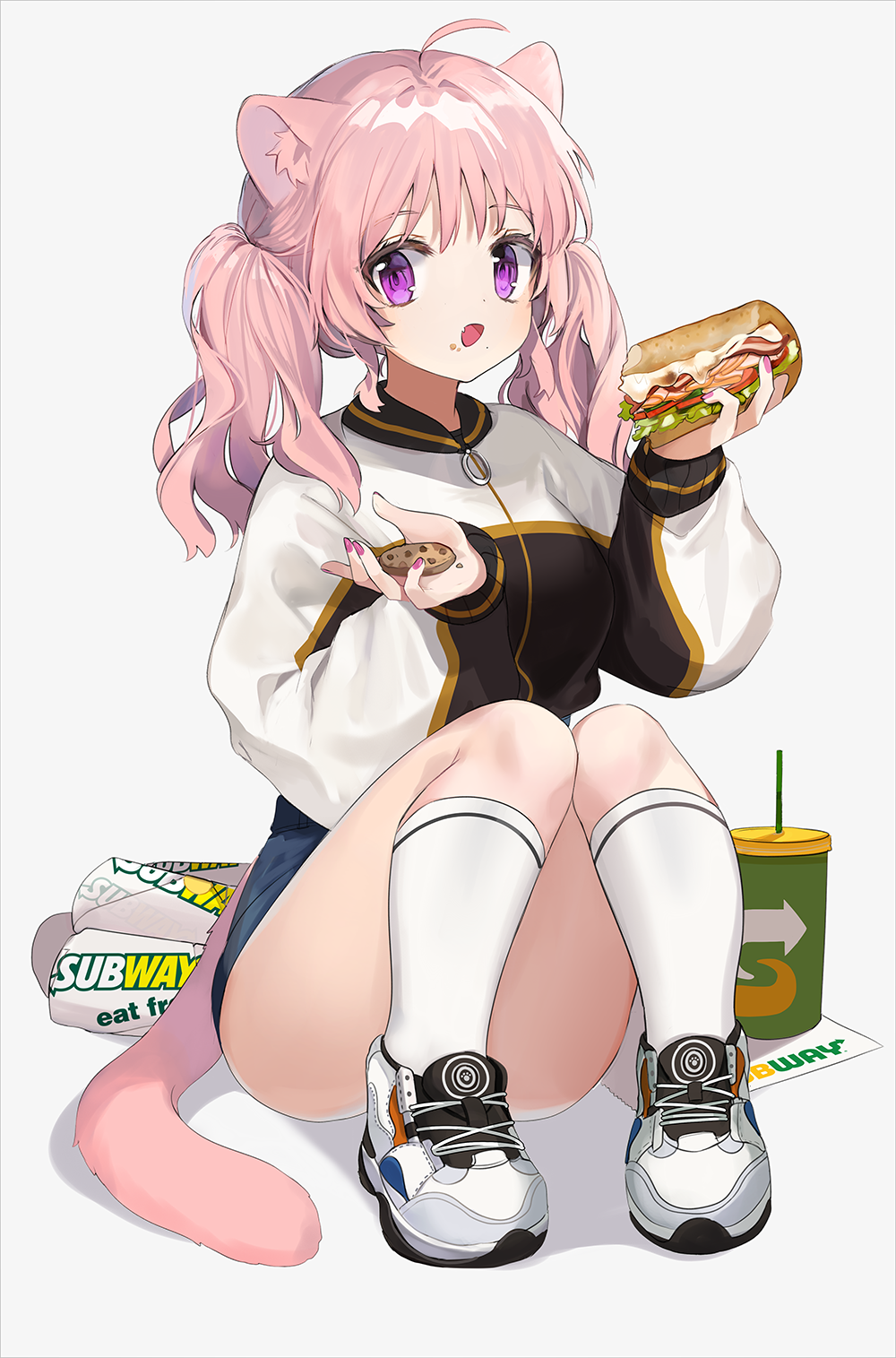 1girl :o ahoge animal_ear_fluff animal_ears ass blue_shorts breasts cat_ears cat_tail convenient_leg cookie cup directional_arrow disposable_cup drinking_straw fang food food_on_face highres jacket kneehighs knees_up long_hair long_sleeves looking_at_viewer mid_(gameshe) open_mouth original pink_hair pink_nails puffy_sleeves sandwich shadow shoes short_shorts shorts sitting small_breasts sneakers solo subway_(company) tail thighs twintails violet_eyes white_footwear white_legwear