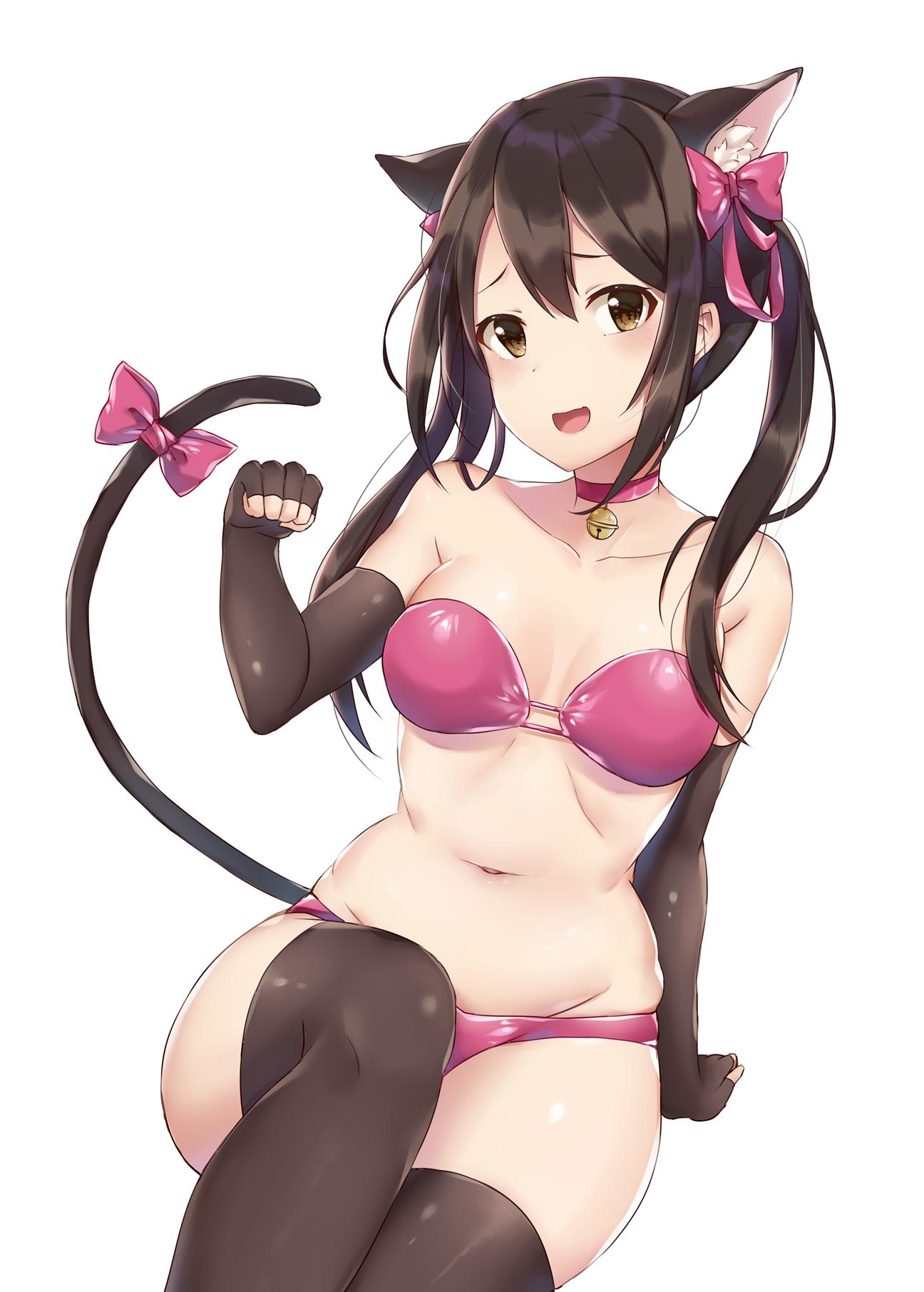 1girl :d animal_ears bare_shoulders bell black_gloves black_hair black_legwear bow bra breasts brown_eyes cat_ears cat_girl cat_tail choker collarbone elbow_gloves fingerless_gloves gloves hair_bow highres idolmaster idolmaster_cinderella_girls jingle_bell kemonomimi_mode long_hair looking_at_viewer medium_breasts nakano_yuka navel open_mouth panties pink_bow pink_bra pink_choker pink_panties sidelocks simple_background smile solo stomach tail tail_bow thigh-highs thighs twintails underwear white_background zhi_zhi/zu_zu