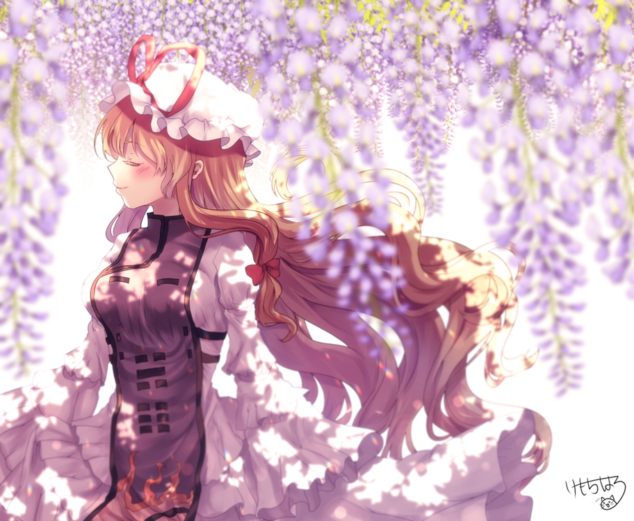 1girl arms_at_sides bangs blonde_hair blurry blush bow breasts closed_eyes colored_eyelashes commentary_request cowboy_shot day depth_of_field dress eyebrows_visible_through_hair eyelashes facing_to_the_side flame_print floating_hair flower frilled_dress frills hair_bow hat hat_ribbon kemo_chiharu long_hair long_sleeves medium_breasts mob_cap red_bow red_ribbon ribbon sidelocks signature simple_background smile tabard touhou tree_shade trigram very_long_hair white_background white_dress white_headwear wide_sleeves wind wisteria yakumo_yukari yin_yang_print