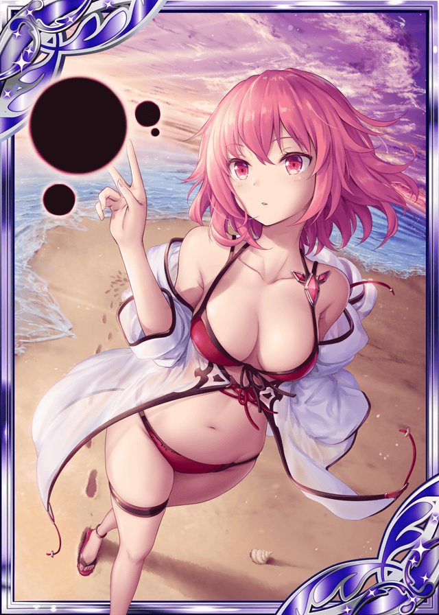 1girl akkijin bare_shoulders beach bikini card_(medium) darkness garter_straps looking_to_the_side looking_up ocean official_art pink_bikini pink_hair purple_sky shinkai_no_valkyrie sky swimsuit walking