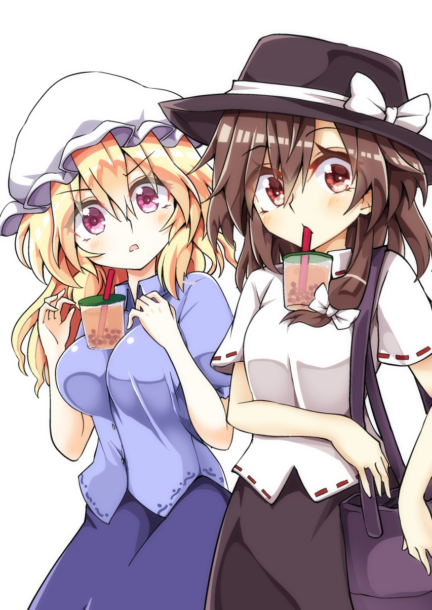 2girls aki_chimaki arm_across_waist bag bangs black_headwear black_skirt blonde_hair blue_shirt blue_skirt blush bow breasts brown_hair bubble_tea bubble_tea_challenge cup disposable_cup drinking drinking_straw eyebrows_visible_through_hair fedora hair_between_eyes hair_bow handbag hat hat_bow highres large_breasts looking_at_another maribel_hearn mob_cap multiple_girls raised_eyebrows red_eyes shiny shiny_hair shirt short_sleeves simple_background skirt small_breasts standing surprised touhou usami_renko violet_eyes white_background white_bow white_headwear white_shirt