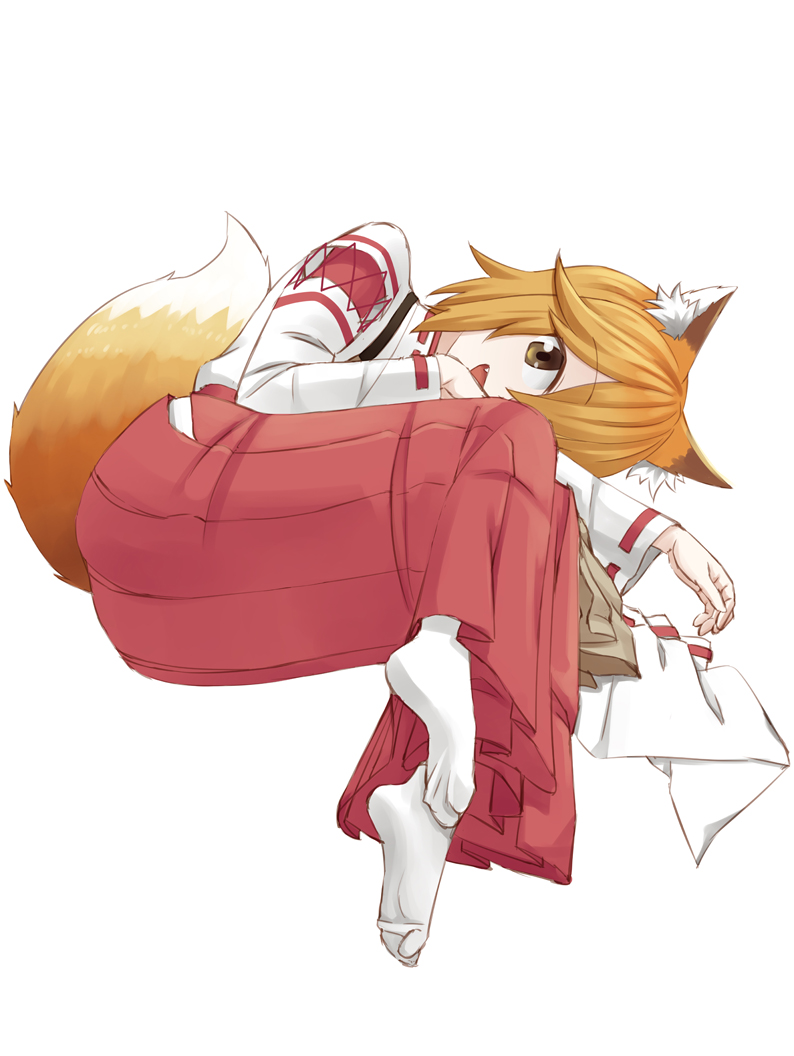 1girl animal_ear_fluff animal_ears blonde_hair easy_(aqk7bdqt) fang fox_ears fox_girl fox_tail from_below hair_between_eyes hakama invisible_chair japanese_clothes looking_at_viewer miko open_mouth red_hakama ribbon_trim senko_(sewayaki_kitsune_no_senko-san) sewayaki_kitsune_no_senko-san simple_background sitting solo tail white_background white_legwear wide_sleeves