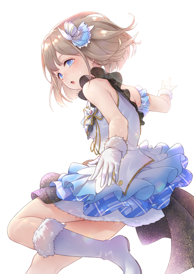 1girl bangs bare_shoulders blue_bow blue_eyes blue_skirt blush boots bow brown_hair commentary_request eyebrows_visible_through_hair fur-trimmed_boots fur-trimmed_gloves fur_trim gloves hair_bow idolmaster idolmaster_shiny_colors knee_boots looking_at_viewer looking_to_the_side parted_lips pleated_skirt serizawa_asahi shirt simple_background skirt sleeveless sleeveless_shirt solo tomamatto white_background white_footwear white_gloves white_shirt