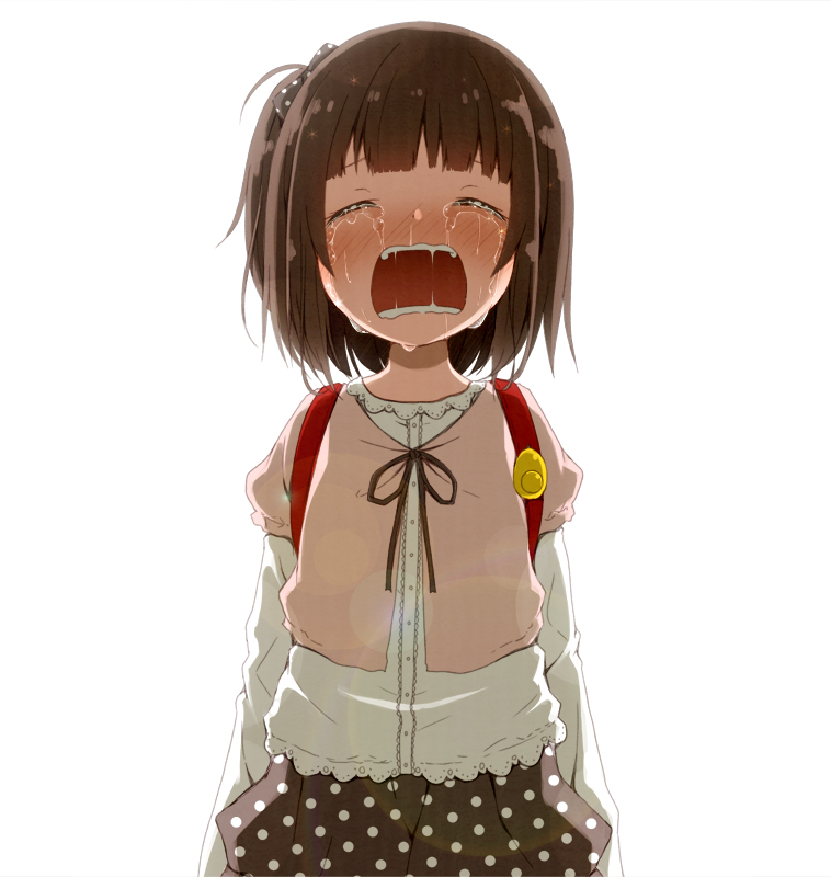 1girl backlighting backpack bag blurry blush bokeh bow brown_hair child crying depth_of_field hair_bow kago_no_tori open_mouth original polka_dot randoseru sad side_ponytail simple_background skirt sobbing solo tears white_background