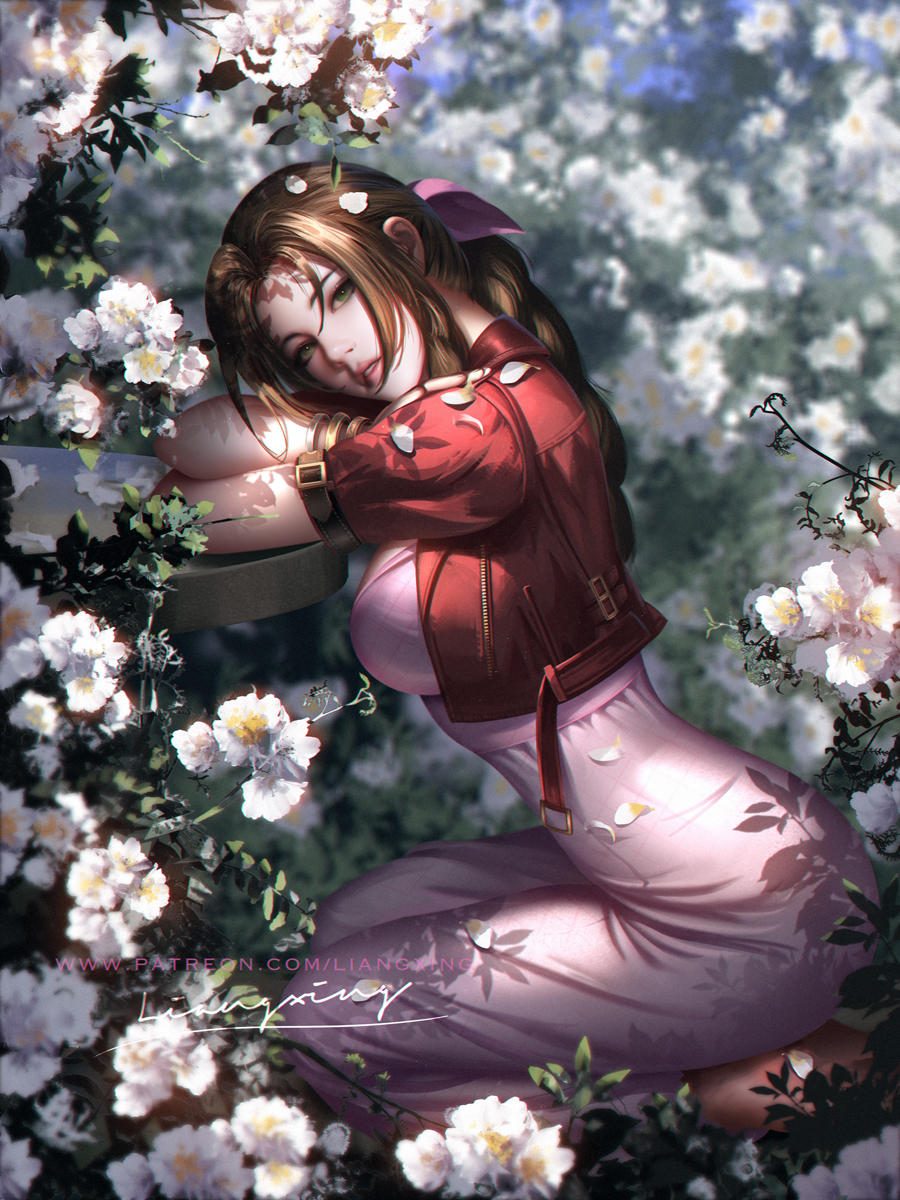 1girl aerith_gainsborough artist_name blurry blurry_background bow bracelet brown_hair cropped_jacket dress final_fantasy final_fantasy_vii final_fantasy_vii_remake flower green_eyes hair_bow head_rest highres jacket jewelry liang_xing looking_at_viewer parted_lips patreon_username petals pink_dress red_jacket seiza shade sitting solo watermark web_address