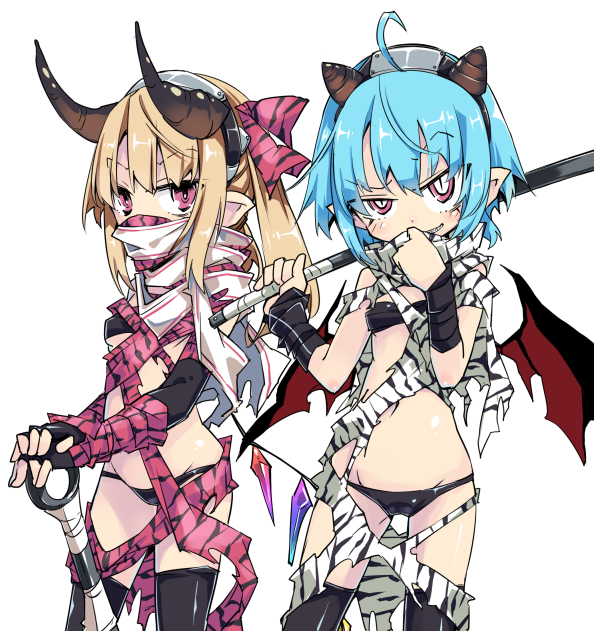 2girls bangs bare_shoulders bat_wings bikini black_bikini black_gloves black_legwear blonde_hair blue_hair bow braces breasts club covered_mouth cowboy_shot elbow_gloves eyebrows_visible_through_hair fingerless_gloves flandre_scarlet gloves hair_bow hairband holding holding_weapon horns huge_weapon katana looking_at_viewer masked medium_breasts medium_hair multiple_girls noya_makoto over_shoulder pink_eyes pointy_ears raised_eyebrow remilia_scarlet setsubun short_hair siblings simple_background sisters slit_pupils standing stomach striped striped_bow swimsuit sword sword_over_shoulder thigh-highs torn_clothes touhou weapon weapon_over_shoulder white_background wings wrist_wrap