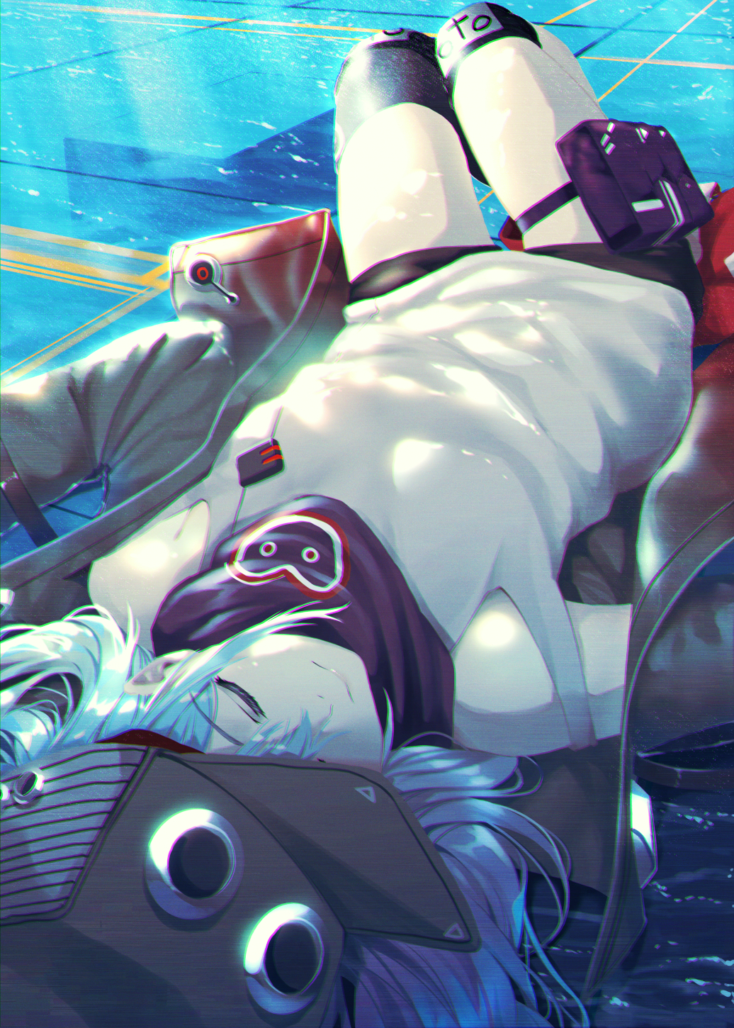 1girl bare_shoulders blue_hair closed_eyes g11_(girls_frontline) girls_frontline hat highres jacket long_hair lying on_back pouch redlammy scarf shin_guards shorts sleeping solo