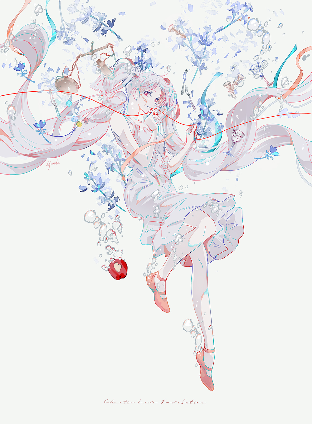 1girl air_bubble ajimita apple bare_arms bare_shoulders bubble chess_piece commentary_request cup dress drinking_glass floating floating_hair flower food fruit hatsune_miku highres long_hair looking_at_viewer multicolored_hair red_eyes red_footwear red_string redhead scales shoes sleeveless sleeveless_dress solo streaked_hair string string_around_finger twintails two-tone_hair very_long_hair vocaloid white_dress white_hair wine_glass