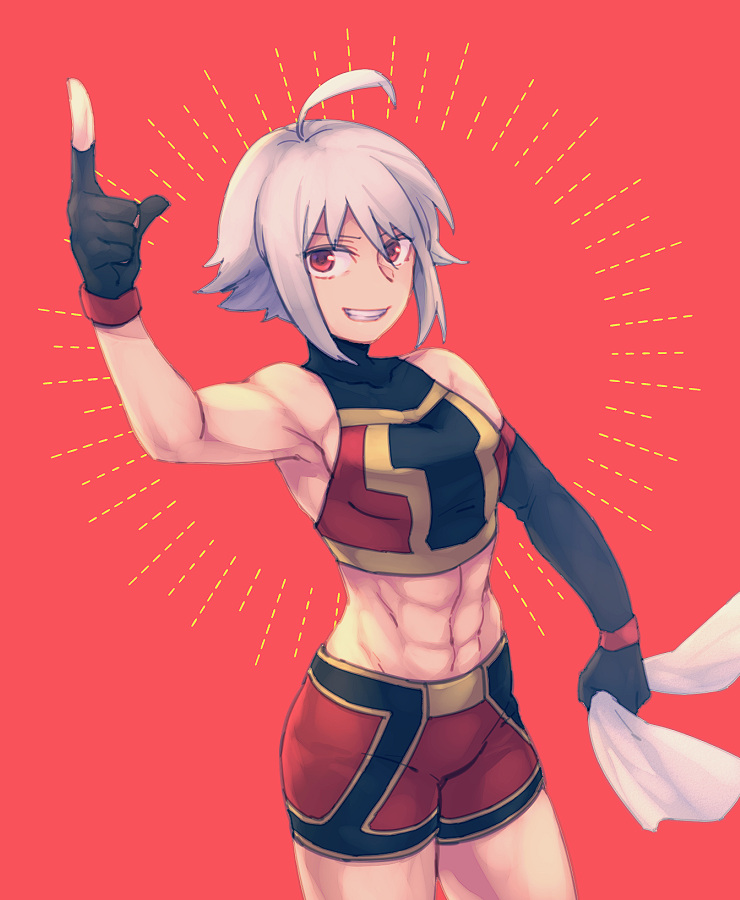1girl abs ahoge black_gloves breasts dana_zane elbow_gloves flower gloves grin looking_at_viewer mismatched_gloves navel red_eyes short_hair silver_hair smile solo towel va-11_hall-a wrestling_outfit y_(35504109)