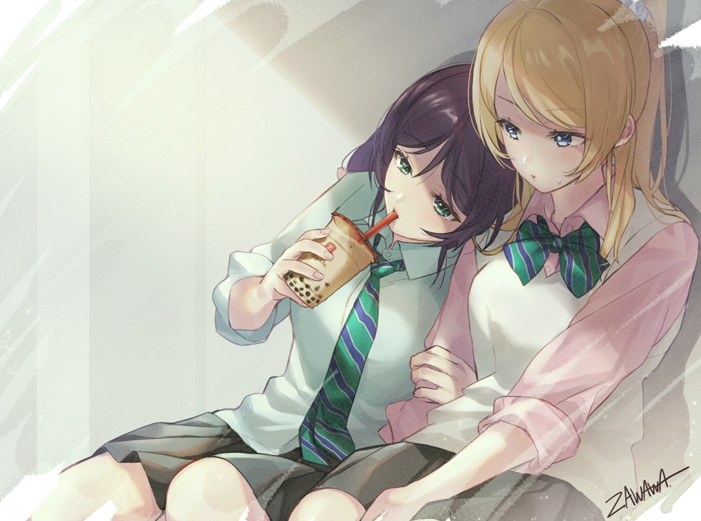 2girls ascii_media_works ayase_eli bangs blonde_hair blue_eyes bow bubble_tea bushiroad collared_shirt commentary_request dress_shirt drinking drinking_straw green_eyes hair_ornament hair_scrunchie high_ponytail long_hair love_live! love_live!_school_idol_project low_twintails multiple_girls necktie pink_scrunchie pink_shirt pleated_skirt ponytail purple_hair school_uniform scrunchie shirt sitting skirt sleeves_rolled_up striped striped_bow striped_neckwear sunrise_(studio) swept_bangs tokyo_mx toujou_nozomi twintails vest white_shirt white_vest yuri zawawa_(satoukibi1108)