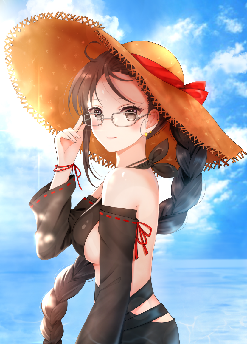 1girl adjusting_eyewear bangs bare_shoulders black_dress blue_sky blush bow braid breasts brown_eyes brown_hair brown_headwear closed_mouth clouds cloudy_sky commentary_request consort_yu_(fate) cute day dress fate/grand_order fate/stay_night fate_(series) glasses grey-framed_eyewear hand_up hat hat_bow horizon long_hair long_sleeves looking_at_viewer looking_to_the_side medium_breasts nasii ocean outdoors parted_lips red_bow ribbon-trimmed_sleeves ribbon_trim sideboob single_braid sky smile solo straw_hat type-moon very_long_hair water wide_sleeves