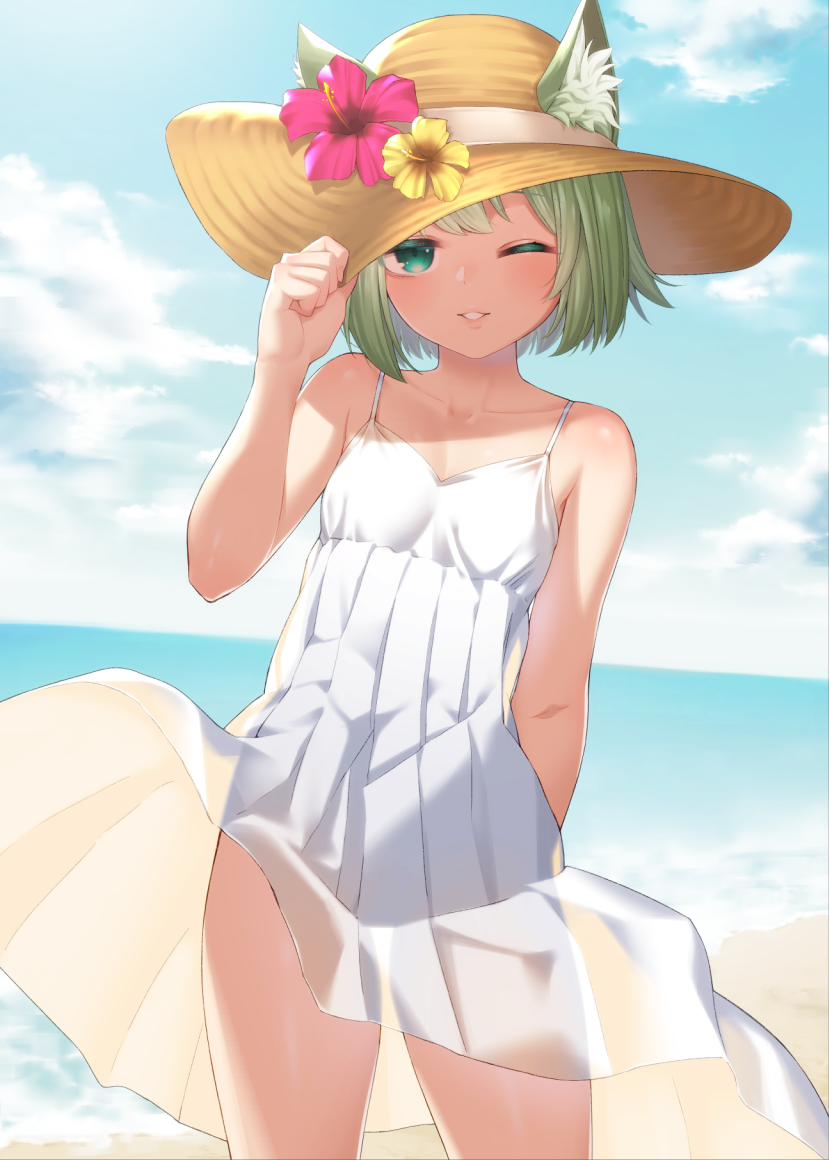 1girl animal_ear_fluff animal_ears bangs beach blue_sky clouds collarbone day dress flower fox_ears green_eyes green_hair hand_on_headwear hand_up hat hat_flower hibiscus lips ocean one_eye_closed outdoors parted_lips red_flower saruchitan short_hair sky sleeveless sleeveless_dress smile solo standing sun_hat sundress vrchat white_dress yellow_flower