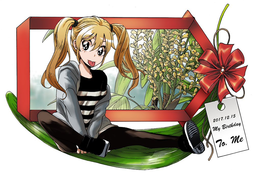 1girl black_eyes blonde_hair cyrano dated eyebrows_behind_hair full_body hair_tie hood hoodie leaf off-shoulder_sweater off_shoulder original pantyhose plant ribbon shirt shoes sitting skirt sneakers solo striped striped_shirt sweater tongue tongue_out twintails