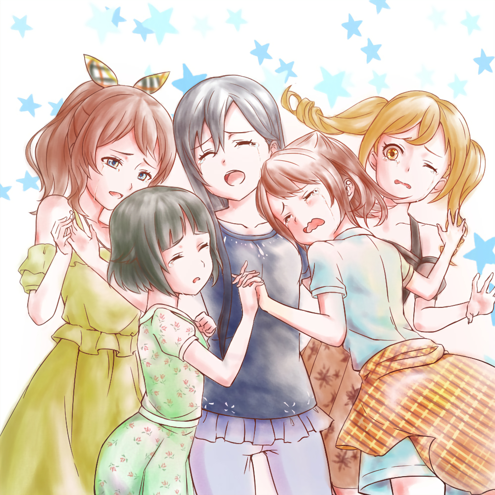 5girls bang_dream! black_hair blonde_hair blue_eyes brown_hair closed_eyes coonel-place crying crying_with_eyes_open group_hug hanazono_tae hug ichigaya_arisa long_hair multiple_girls one_eye_closed ponytail poppin'party short_hair tears toyama_kasumi twintails ushigome_rimi wavy_mouth yamabuki_saaya yellow_eyes