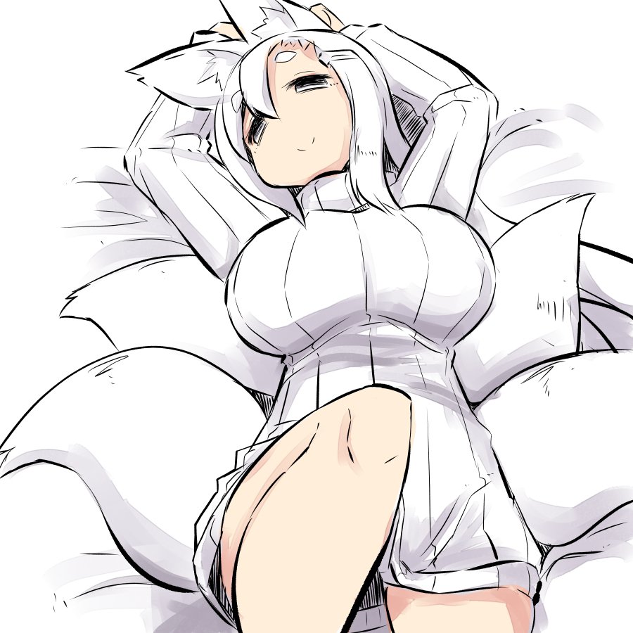 1girl animal_ears arms_up bangs bed_sheet breasts closed_mouth eyebrows_visible_through_hair fox_ears fox_girl fox_tail grey_eyes hair_between_eyes half-closed_eyes kitsune knee_up large_breasts long_sleeves lying on_back original ribbed_sweater short_eyebrows smile solo sweater tail thick_eyebrows u-non_(annon'an) white_hair white_sweater