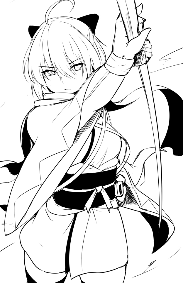1girl ahoge black_bow bow breasts commentary_request eyebrows_visible_through_hair fate/grand_order fate_(series) hair_between_eyes hair_bow holding holding_weapon japanese_clothes kimono looking_at_viewer monochrome okita_souji_(fate) okita_souji_(fate)_(all) scarf shiseki_hirame short_hair short_kimono small_breasts solo sword thigh-highs weapon
