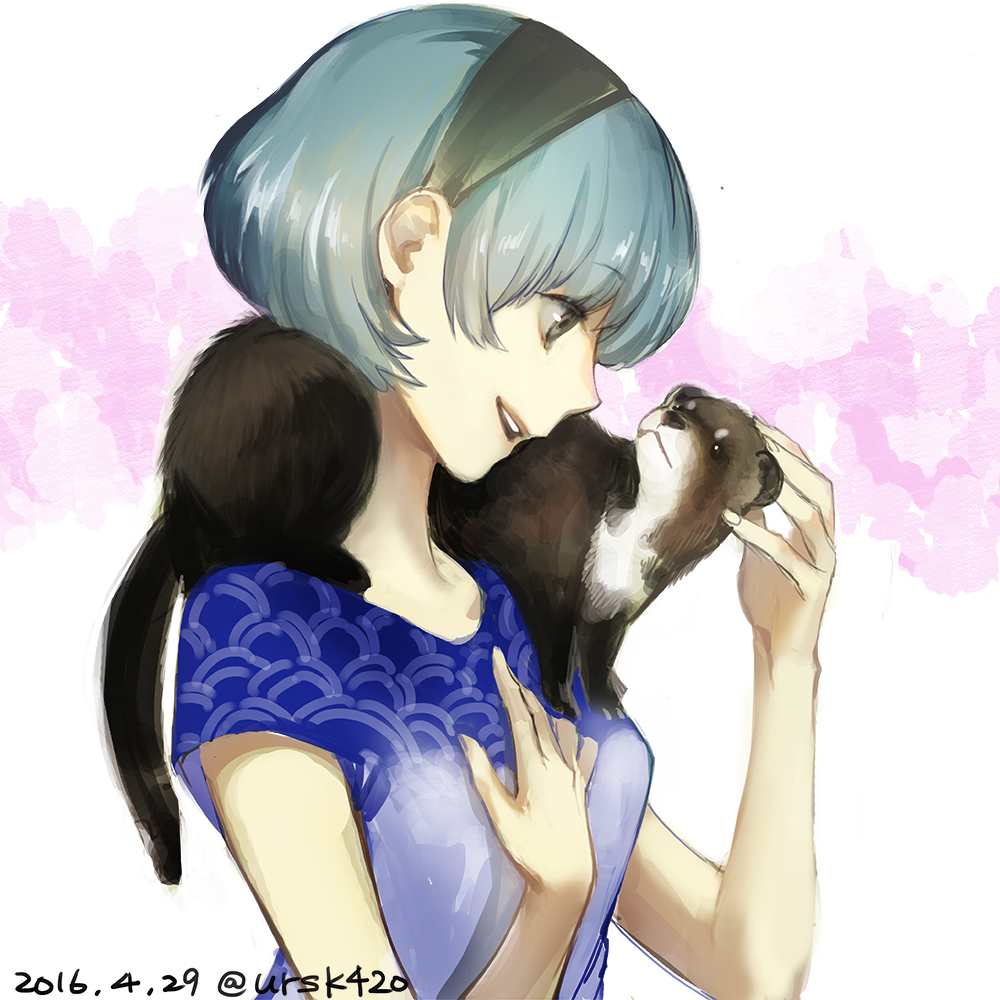 1girl animal animal_on_shoulder bangs black_eyes blue_hair blue_shirt bob_cut breasts dated eye_contact ferret grey_eyes hairband hand_on_own_chest happy looking_at_another medium_breasts on_shoulder original petting shirt short_hair sidelocks signature sleeveless sleeveless_shirt smile uraki_(tetsu420)