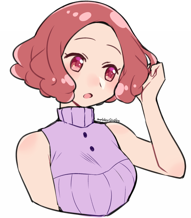 1girl :o artist_name bare_arms blush brown_eyes brown_hair commentary do_m_kaeru okumura_haru open_mouth persona persona_5 purple_shirt shirt short_hair solo turtleneck upper_body