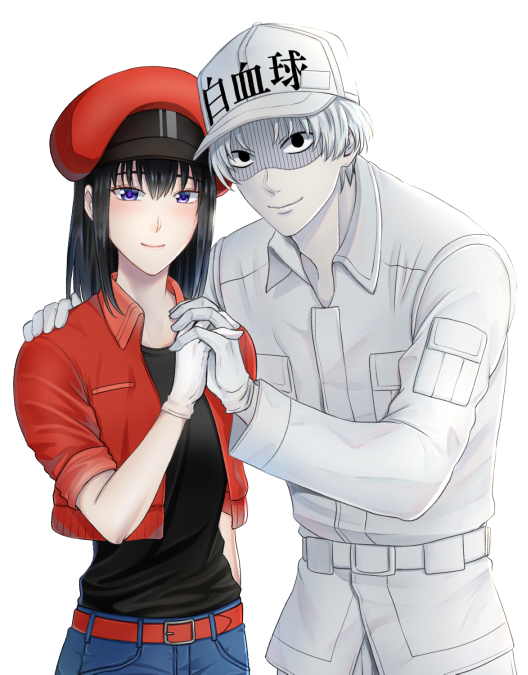 1boy 1girl baseball_cap belt belt_buckle black_eyes black_hair black_shirt blue_eyes buckle closed_mouth couple gloves hand_on_another's_shoulder hat holding_hands interlocked_fingers jacket long_sleeves looking_at_viewer medium_hair military_jacket open_clothes open_jacket print_hat red_belt red_headwear red_jacket shirt simple_background sleeves_rolled_up smile white_background white_gloves white_headwear white_jacket