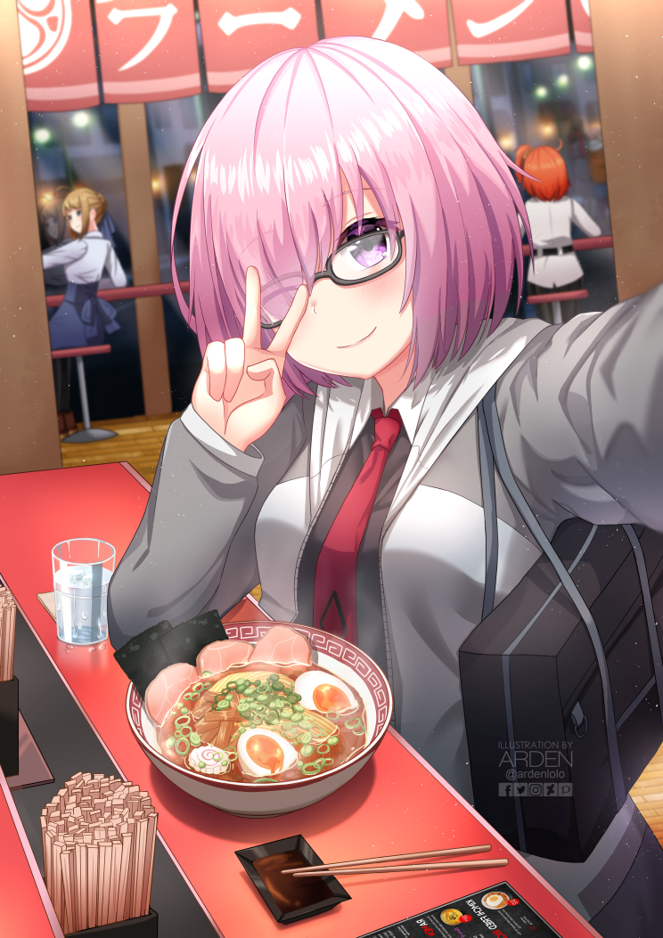 3girls ardenlolo artist_name artoria_pendragon_(all) bag chopsticks cup drinking_glass duffel_bag eyebrows_visible_through_hair eyes_visible_through_hair fate/grand_order fate_(series) food fujimaru_ritsuka_(female) glasses hair_over_one_eye ice ice_cube mash_kyrielight multiple_girls noodles one_eye_closed purple_hair ramen saber self_shot short_hair v violet_eyes water watermark