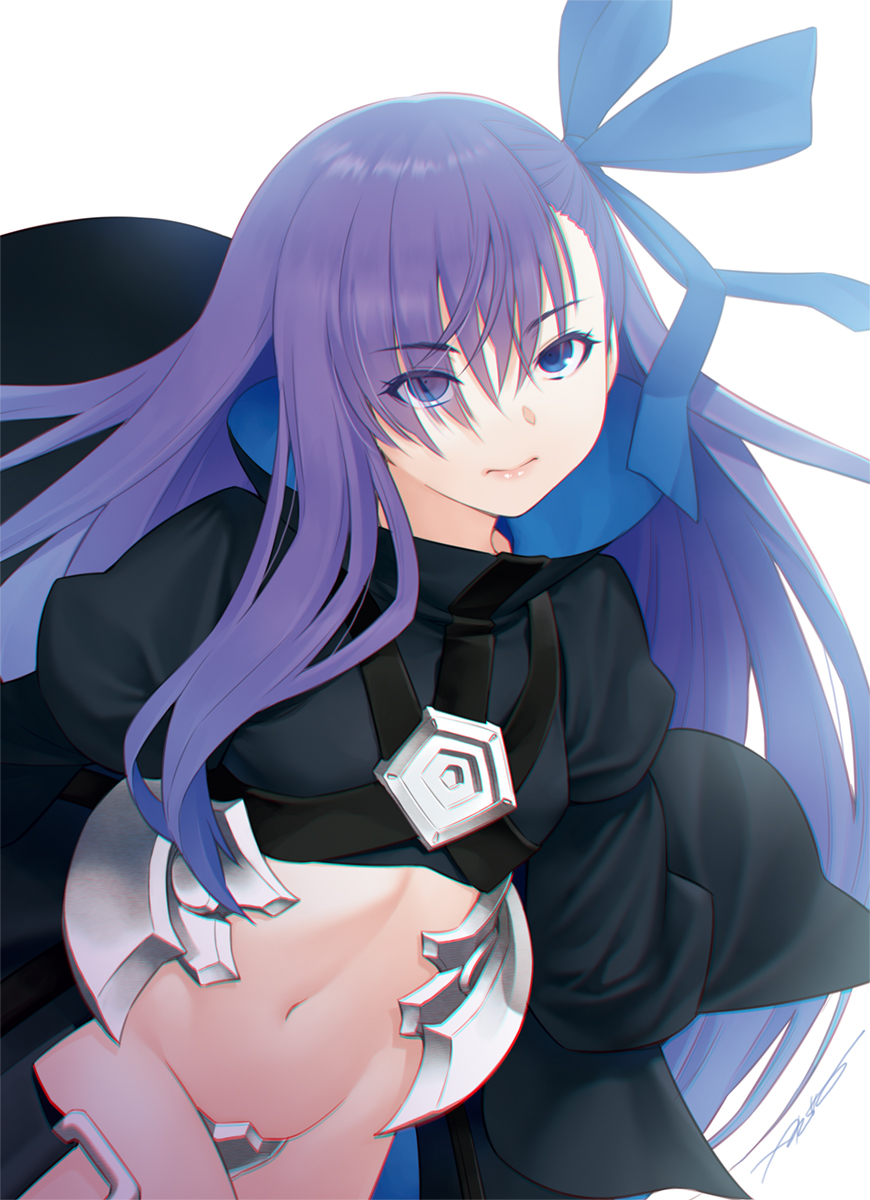 1girl bangs blue_eyes blue_ribbon breasts closed_mouth cowboy_shot crop_top crotch_plate eyebrows_visible_through_hair eyes_visible_through_hair fate/grand_order fate_(series) hair_between_eyes hair_ribbon highres kazuma_muramasa lips long_hair long_sleeves looking_at_viewer meltryllis midriff navel purple_hair revealing_clothes ribbon signature simple_background small_breasts solo stomach type-moon white_background