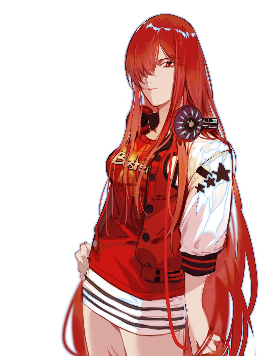 1girl alternate_costume buster_shirt closed_mouth csyko fate/grand_order fate_(series) hair_over_one_eye hand_on_hip headphones headphones_around_neck highres jacket long_hair looking_at_viewer oda_nobunaga_(fate) oda_nobunaga_(maou_avenger)_(fate) open_clothes open_jacket red_eyes red_shirt redhead shirt simple_background solo very_long_hair white_background