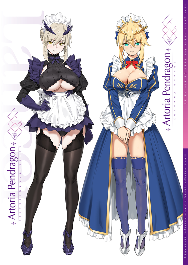 2girls ahoge alternate_costume apron artoria_pendragon_(all) artoria_pendragon_(lancer) artoria_pendragon_(lancer_alter) bangs black_dress black_legwear blue_dress blue_legwear blush braid breasts closed_mouth commentary_request crown dress enmaided fate/grand_order fate_(series) french_braid frills full_body green_eyes hair_between_eyes hand_on_hip high_heels horns large_breasts legs long_hair long_sleeves looking_at_viewer maid maid_headdress multiple_girls pale_skin puffy_sleeves sidelocks smile swept_bangs thigh-highs thighs under_boob waist_apron white_background yang-do yellow_eyes