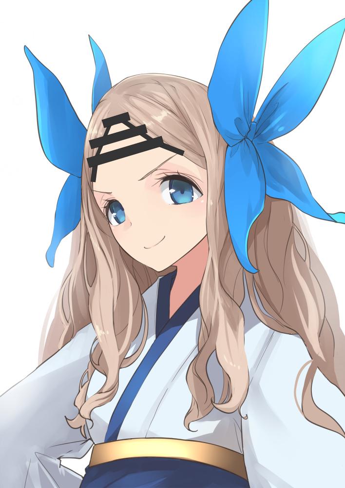 1girl asakaze_(kantai_collection) bangs blue_bow blue_eyes blue_hakama blue_kimono bow commentary_request forehead furisode hair_bow hakama japanese_clothes kantai_collection kimono light_brown_hair long_hair meiji_schoolgirl_uniform parted_bangs sidelocks simple_background smug solo upper_body wavy_hair white_background yuzuruka_(bougainvillea)