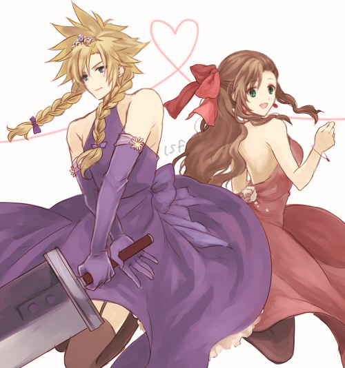 1boy 1girl aerith_gainsborough braid brown_hair buster_sword closed_mouth cloud_strife commentary_request crossdressinging earrings final_fantasy final_fantasy_vii green_eyes jewelry long_hair looking_at_viewer pantyhose sasanomesi simple_background smile sword thigh-highs tiara twin_braids weapon white_background