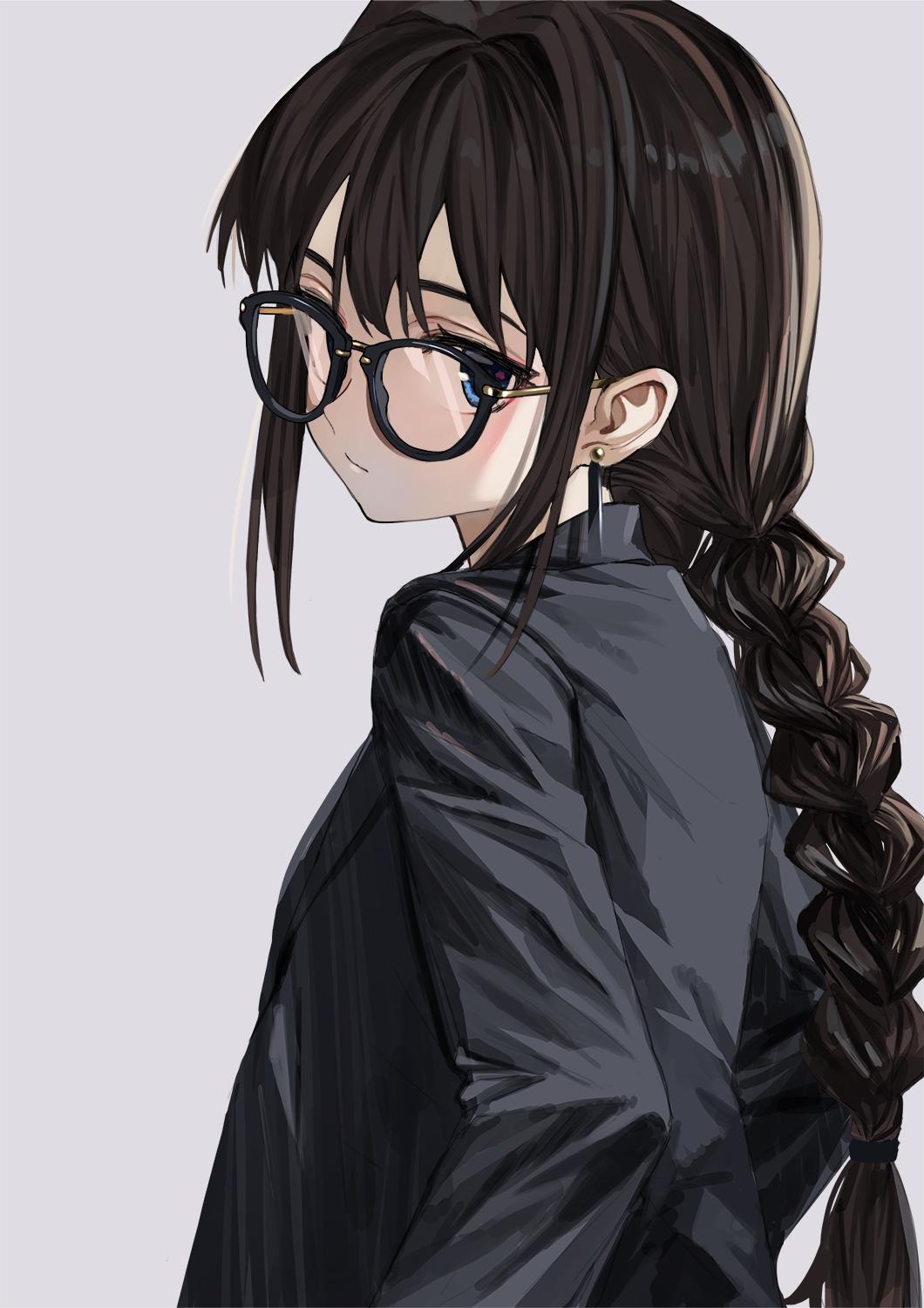 1girl bangs black-framed_eyewear blue_eyes braid brown_hair closed_mouth commentary_request earrings eyebrows_behind_hair glasses grey_background grey_shirt hair_intakes highres jewelry long_hair looking_at_viewer looking_to_the_side luicent original shirt simple_background single_braid solo stud_earrings upper_body very_long_hair