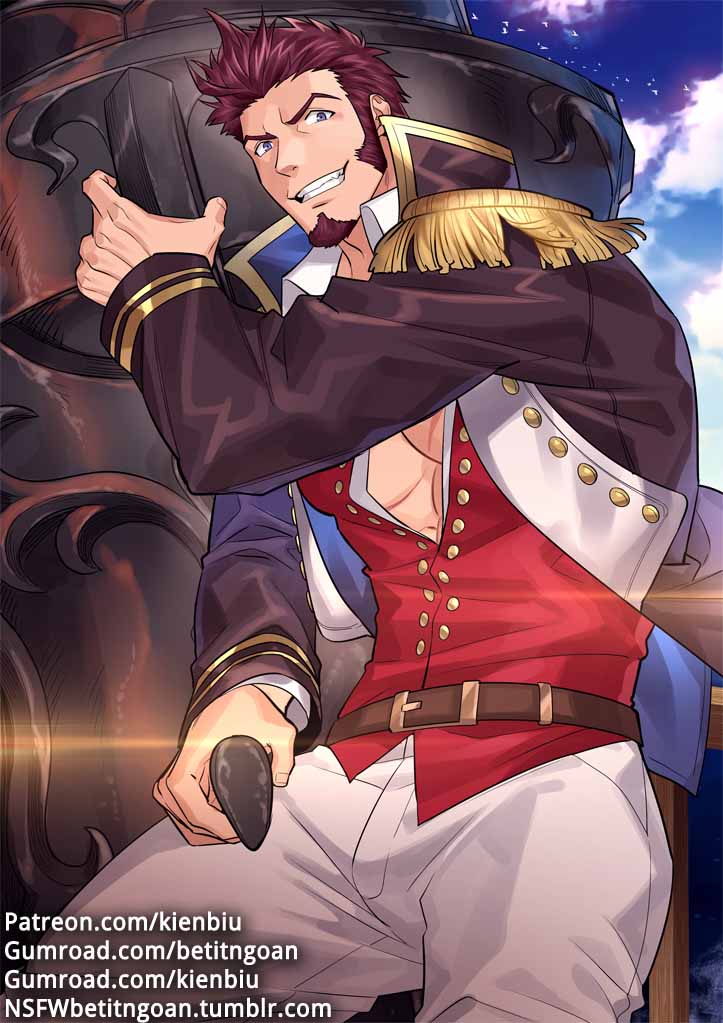 1boy bara beard blue_eyes brown_hair chest epaulettes facial_hair fate/grand_order fate_(series) holding holding_weapon huge_weapon kienbiu long_sleeves looking_at_viewer male_focus military military_uniform muscle napoleon_bonaparte_(fate/grand_order) pants scar smile solo uniform weapon
