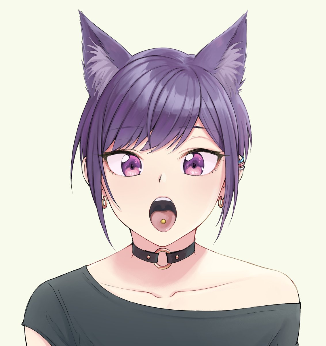 1non-binary androgynous animal_ears black_choker black_hair black_shirt cat_ears choker collarbone ear_piercing earrings extra_ears eyebrows_visible_through_hair highres jewelry lgbt_pride looking_at_viewer nyanbinary o-ring o-ring_choker off_shoulder open_mouth original pas'_black-haired_catperson pas_(paxiti) piercing purple_hair queer shirt short_hair simple_background solo tagme tongue tongue_out tongue_piercing trans transgender transgender_flag violet_eyes