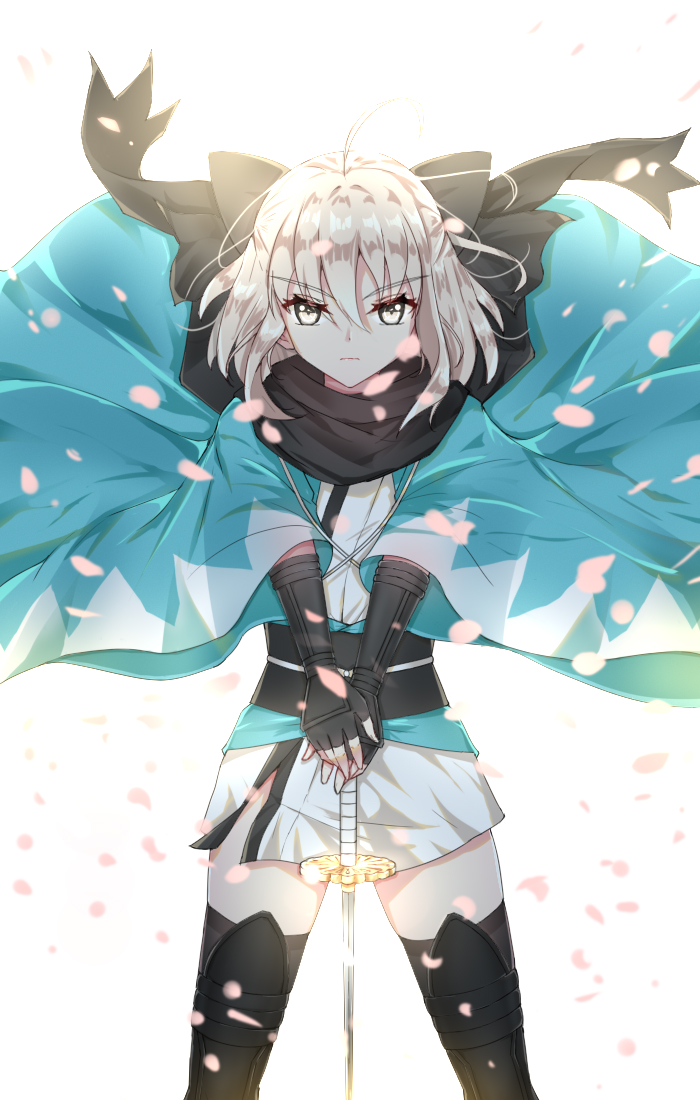 1girl ahoge black_bow black_legwear black_scarf bow eyebrows_visible_through_hair fate_(series) floating_hair hair_between_eyes hair_bow hands_on_hilt haori japanese_clothes katana kimono koha-ace lixiao_lang looking_at_viewer medium_hair obi okita_souji_(fate) okita_souji_(fate)_(all) sash scarf shiny shiny_hair short_kimono side_slit silver_hair solo standing sword thigh-highs weapon white_background white_kimono yellow_eyes zettai_ryouiki