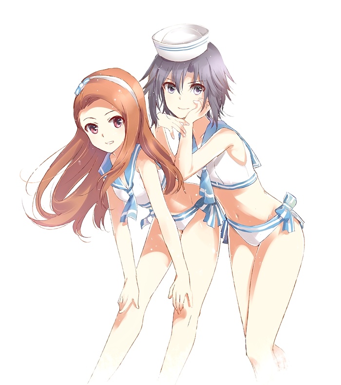 2girls bent_over bikini black_hair blue_bow blue_sailor_collar bow brown_eyes brown_hair closed_mouth collarbone eyebrows_visible_through_hair floating_hair grin groin hair_between_eyes hairband hands_on_own_knees hat head_rest idolmaster idolmaster_(classic) kaho_(ramb) kikuchi_makoto leaning_forward long_hair looking_at_viewer minase_iori multiple_girls navel sailor_bikini sailor_collar sailor_swimsuit_(idolmaster) short_hair simple_background smile striped striped_bow swimsuit very_long_hair white_background white_bikini white_hairband white_headwear