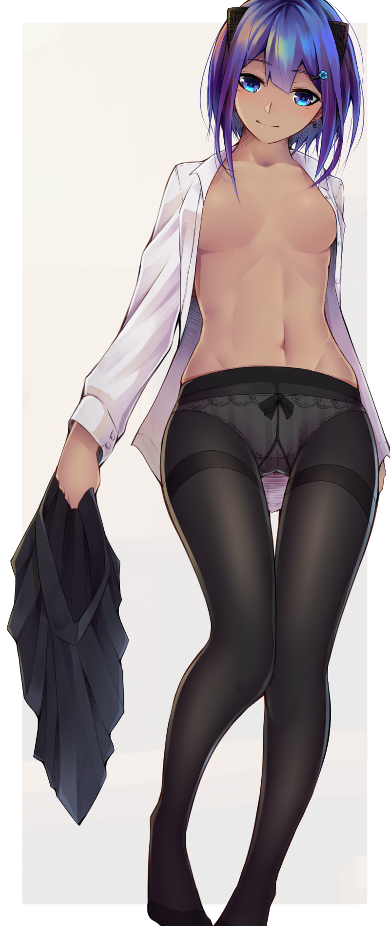 1girl black_hairband black_legwear blue_eyes blush breasts dark_skin eyebrows_behind_hair fate/grand_order fate/prototype fate/prototype:_fragments_of_blue_and_silver fate_(series) hair_between_eyes hair_ornament hairband hairclip hassan_of_serenity_(fate) highres holding_skirt light_smile looking_at_viewer medium_breasts navel panties pantyhose pleated_skirt purple_hair shirt short_hair shunga_(shun608) skirt skirt_removed solo striped striped_panties underwear undressing uniform white_shirt