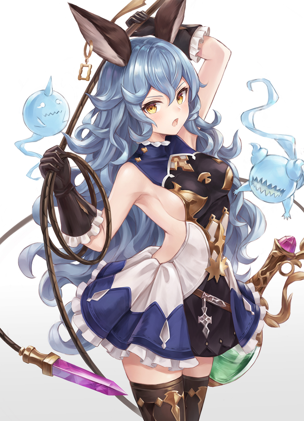 1girl :o animal_ears arm_up armpits bare_shoulders black_gloves blue_hair breasts brown_eyes dress ear_piercing ferry_(granblue_fantasy) flask fuwawa_(fuwawa617) ghost gloves granblue_fantasy hand_up highres holding lasso long_hair looking_at_viewer medium_breasts open_mouth piercing sideboob solo thigh-highs very_long_hair wavy_hair weapon zettai_ryouiki