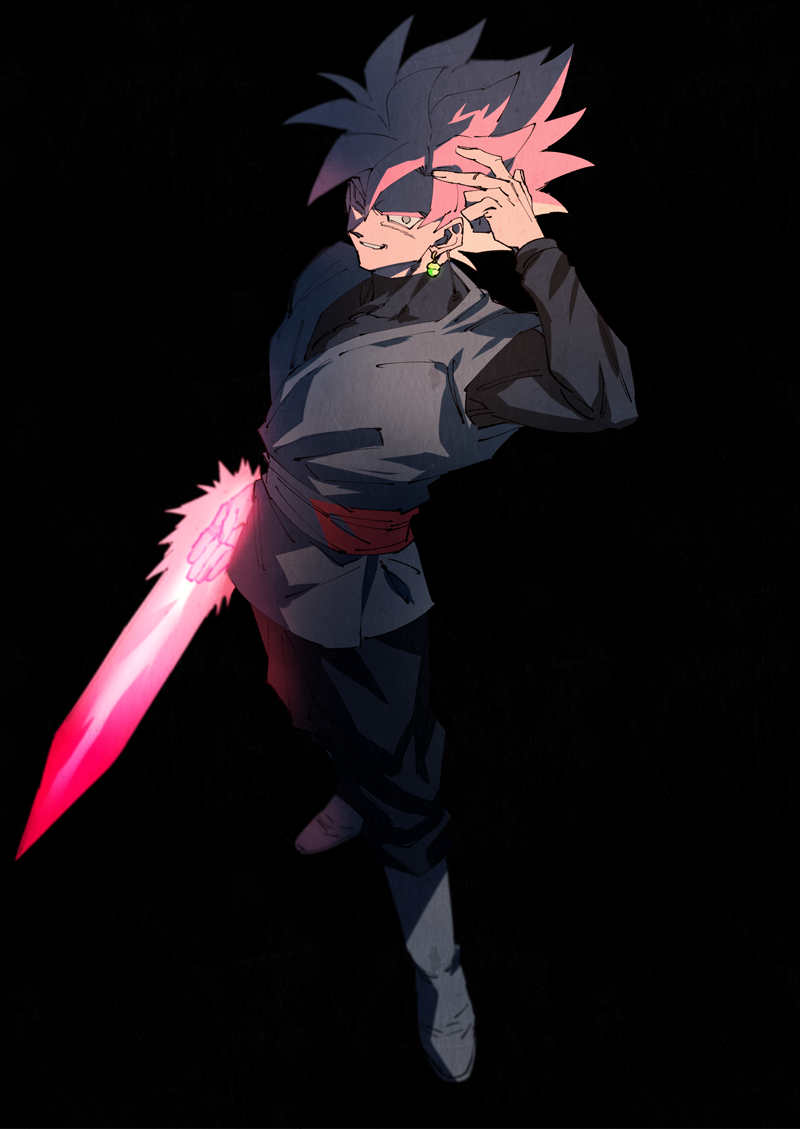 1boy arm_at_side black_background black_pants boots dark_background domo_ura dragon_ball dragon_ball_super earrings energy_sword evil_grin evil_smile full_body gokuu_black grey_eyes grey_shirt grin hand_in_hair jewelry long_sleeves looking_away male_focus pants pink_hair potara_earrings shaded_face shirt simple_background smile spiky_hair standing super_saiyan_rose sword weapon