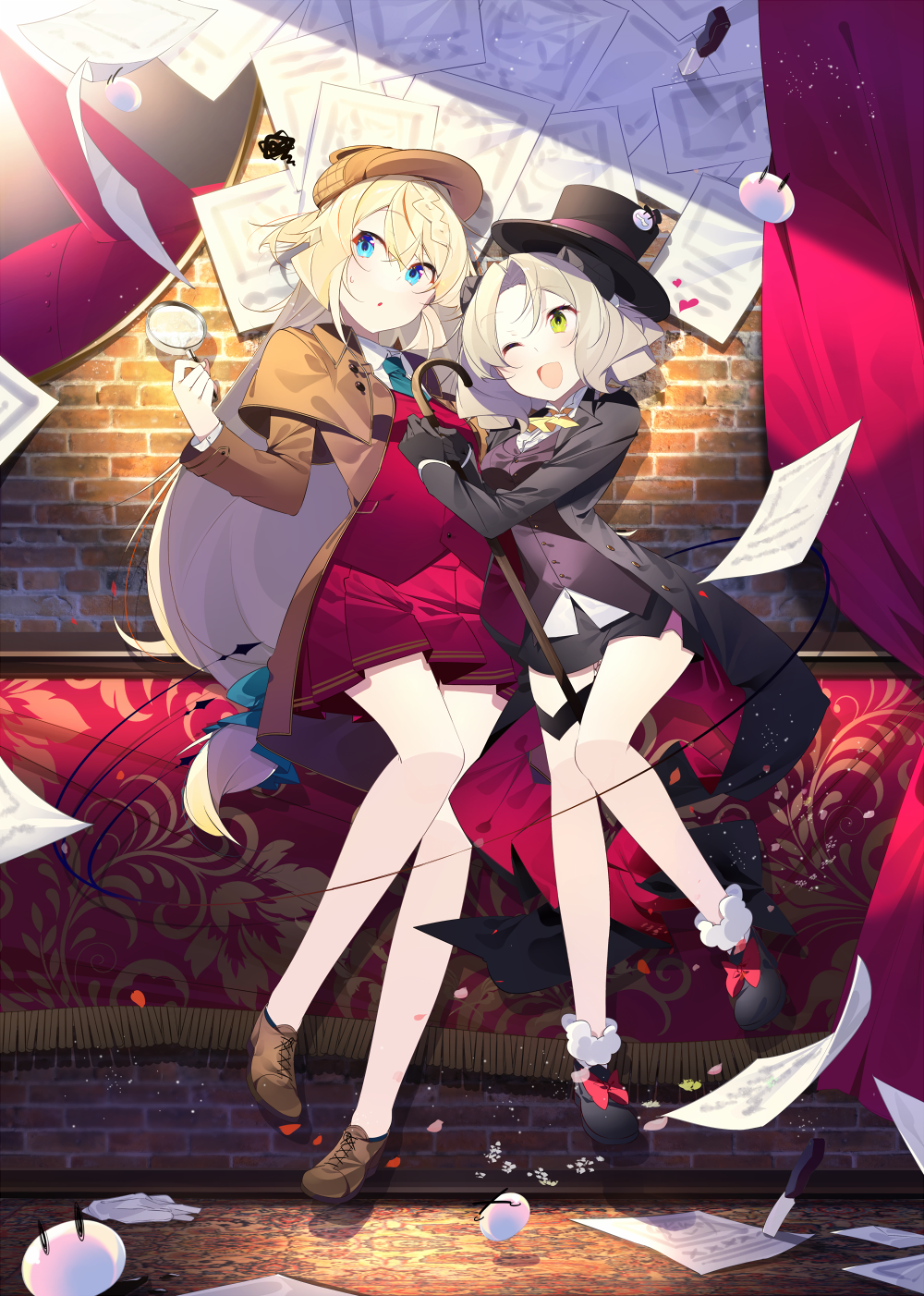 2girls 4others :o ;d aizawa_azusa alternate_costume bangs benio_(dontsugel) blue_eyes blush braid breasts brick_wall buttons cane capelet collar cravat curtains deerstalker demon_girl dress_shirt drill_hair flying_paper full_body hair_between_eyes happy hat highres holding holding_cane holding_magnifying_glass horns indoors jacket leaning_on_person loafers long_hair looking_at_another looking_away low_ponytail magnifying_glass miniskirt multiple_girls multiple_others necktie one_eye_closed open_mouth paper parted_bangs pleated_skirt provato_pecora_aries shirt shoes short_hair skirt slime slime_taoshite_300_nen_shiranai_uchi_ni_level_max_ni_nattemashita small_breasts smile standing sweat top_hat tuxedo_jacket very_long_hair vest white_shirt wool yellow_eyes