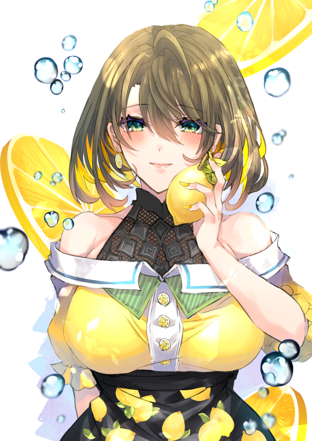 1girl air_bubble bangs bare_shoulders black_skirt blush breasts brown_hair bubble closed_mouth commentary_request earrings eyebrows_visible_through_hair fingernails food fruit green_eyes hair_between_eyes holding holding_food jewelry large_breasts lemon lemon_print lemon_slice nail_polish off-shoulder_shirt off_shoulder original print_skirt shikino_yuki shirt short_hair simple_background skirt smile solo upper_body white_background yellow_nails yellow_shirt