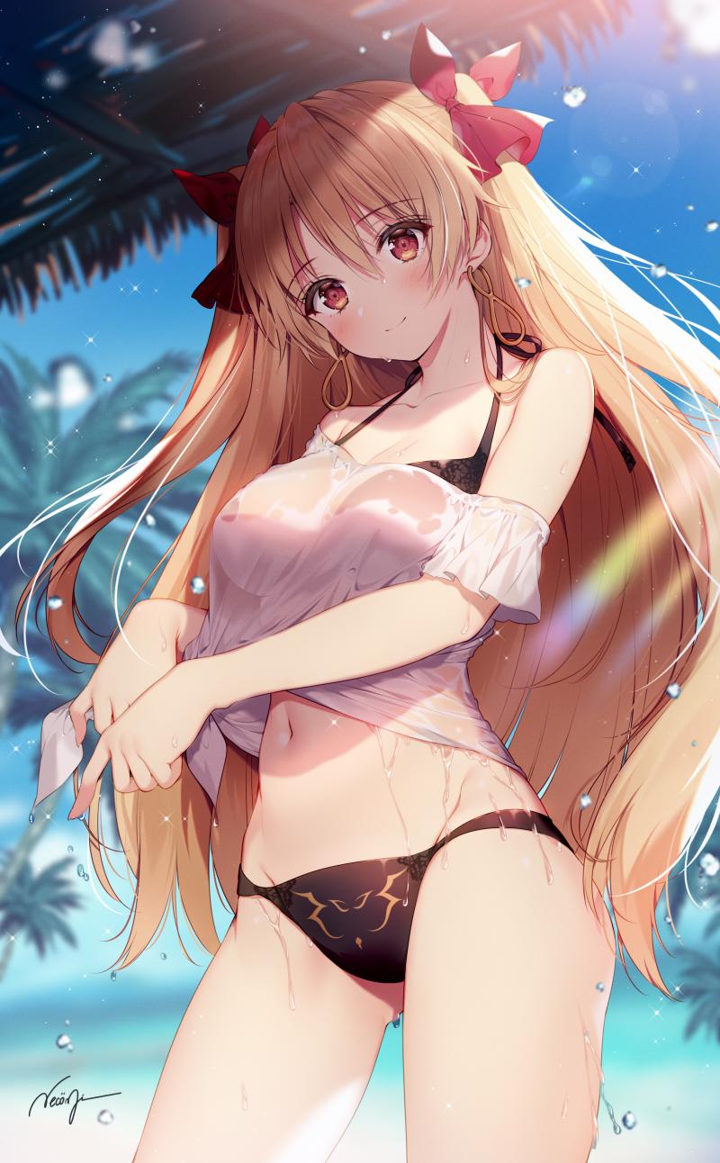1girl bikini bikini_day black_bikini blonde_hair blurry blush closed_mouth commentary_request cowboy_shot cute day depth_of_field earrings ereshkigal_(fate/grand_order) fate/grand_order fate_(series) front-tie_top hair_ribbon halterneck highres jewelry lens_flare long_hair looking_at_viewer moe navel necomi off-shoulder_shirt off_shoulder outdoors red_eyes red_ribbon ribbon see-through shirt sidelocks signature smile solo standing stomach sunlight swimsuit thighs tohsaka_rin toosaka_rin two_side_up type-moon ufotable very_long_hair water wet wet_clothes wet_shirt white_shirt