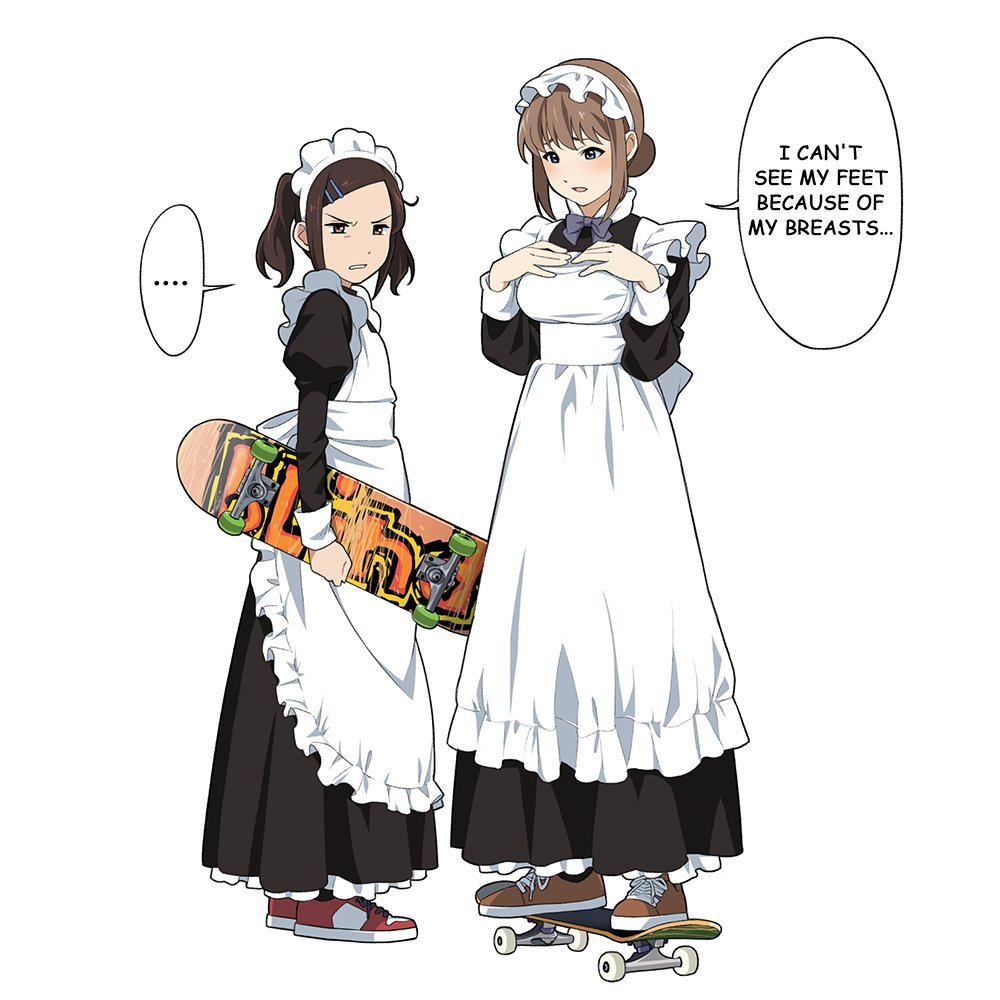 2girls annoyed apron blue_eyes breast_envy breasts brown_eyes brown_hair collared_shirt commentary_request flat_chest hair_ornament hairclip holding_skateboard large_breasts light_brown_hair long_sleeves maid_apron maid_dress maid_headdress multiple_girls necktie original shirt shoes sidelocks skateboard sneakers suzushiro_(suzushiro333) translated white_background