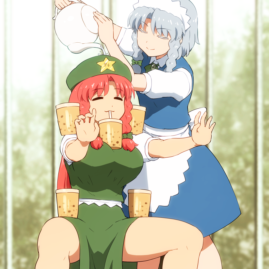 2girls :3 =_= ^_^ apron arms_up balancing bangs beret blue_dress blurry blurry_background bow bowtie braid breasts brooch bubble_tea bubble_tea_challenge china_dress chinese_clothes closed_eyes colored_eyelashes commentary_request cup dress drinking eyebrows_visible_through_hair feet_out_of_frame green_bow green_dress green_headwear green_skirt green_vest hair_bow hat holding_teapot hong_meiling izayoi_sakuya jewelry large_breasts long_hair maid maid_headdress meme multiple_girls object_on_breast outdoors outstretched_arms pouring puffy_short_sleeves puffy_sleeves redhead shirosato shirt short_hair short_sleeves silver_hair sitting skirt skirt_set smile standing star team_shanghai_alice teapot thighs touhou twin_braids vest waist_apron water white_apron white_shirt
