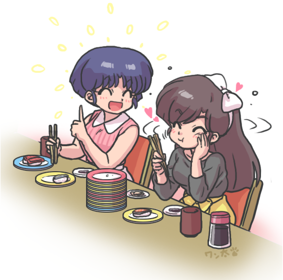 chopsticks eating food kuonji_ukyou ranma_1/2 tendou_akane wanta_(futoshi)