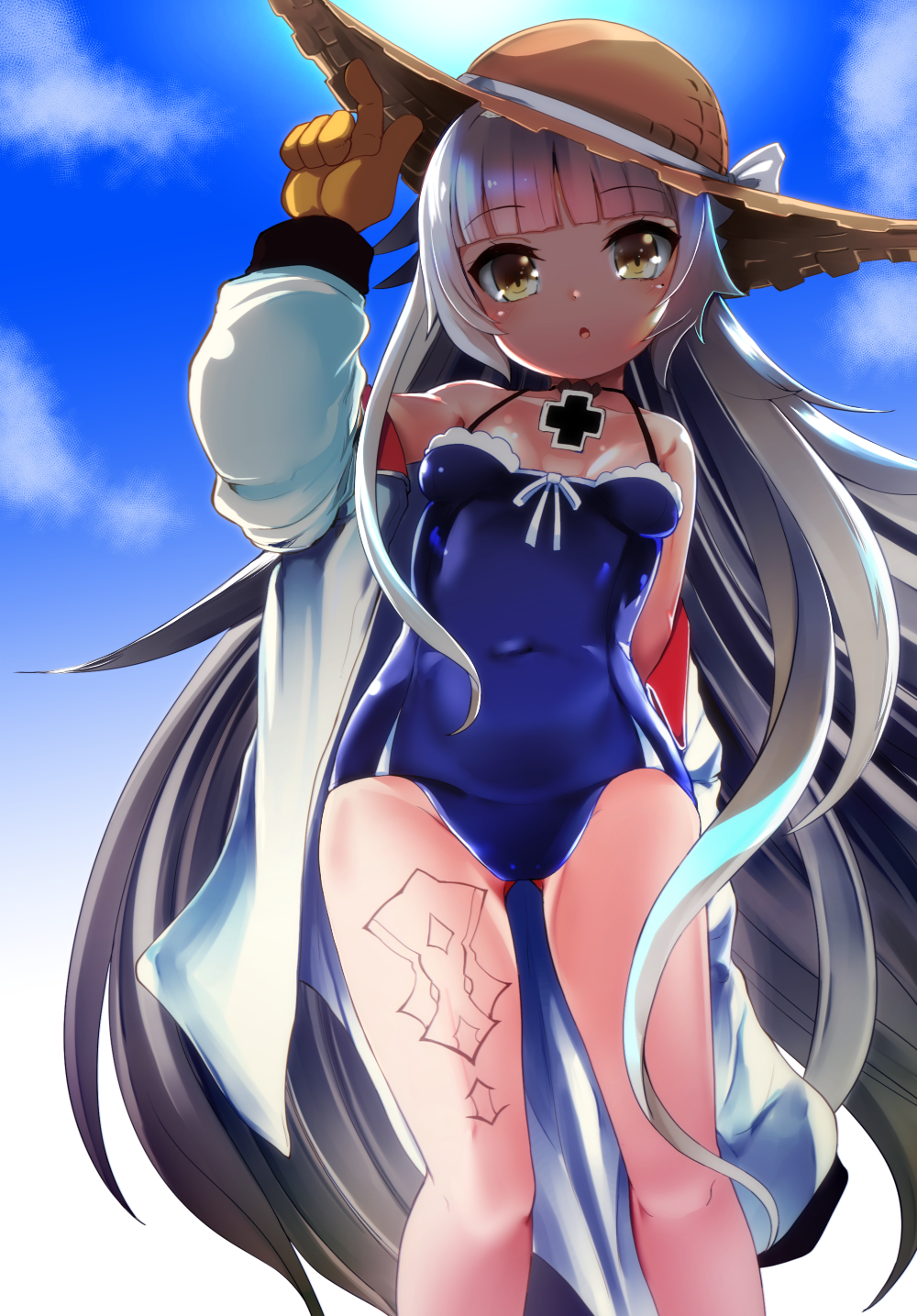 1girl :o arm_up ass_visible_through_thighs azur_lane bangs bare_shoulders blue_sky blue_swimsuit blunt_bangs blush breasts brown_eyes brown_gloves brown_headwear casual_one-piece_swimsuit clouds cloudy_sky collarbone commentary_request covered_navel day eyebrows_visible_through_hair gloves groin hat highres iron_cross jacket long_hair long_sleeves off_shoulder one-piece_swimsuit open_clothes open_jacket parted_lips silver_hair sky small_breasts solo standing sun_hat swimsuit takara_akihito very_long_hair white_jacket z46_(azur_lane)