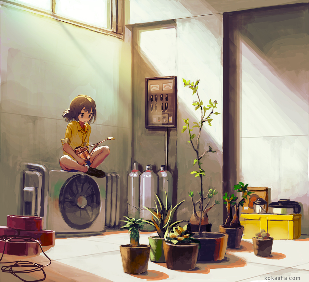 1girl black_footwear boots brown_eyes brown_hair closed_mouth eyebrows_visible_through_hair indoors kouka_(mrakano5456) looking_away original plant potted_plant propane_tank radiator scenery short_hair short_ponytail sitting watering_can watermark web_address