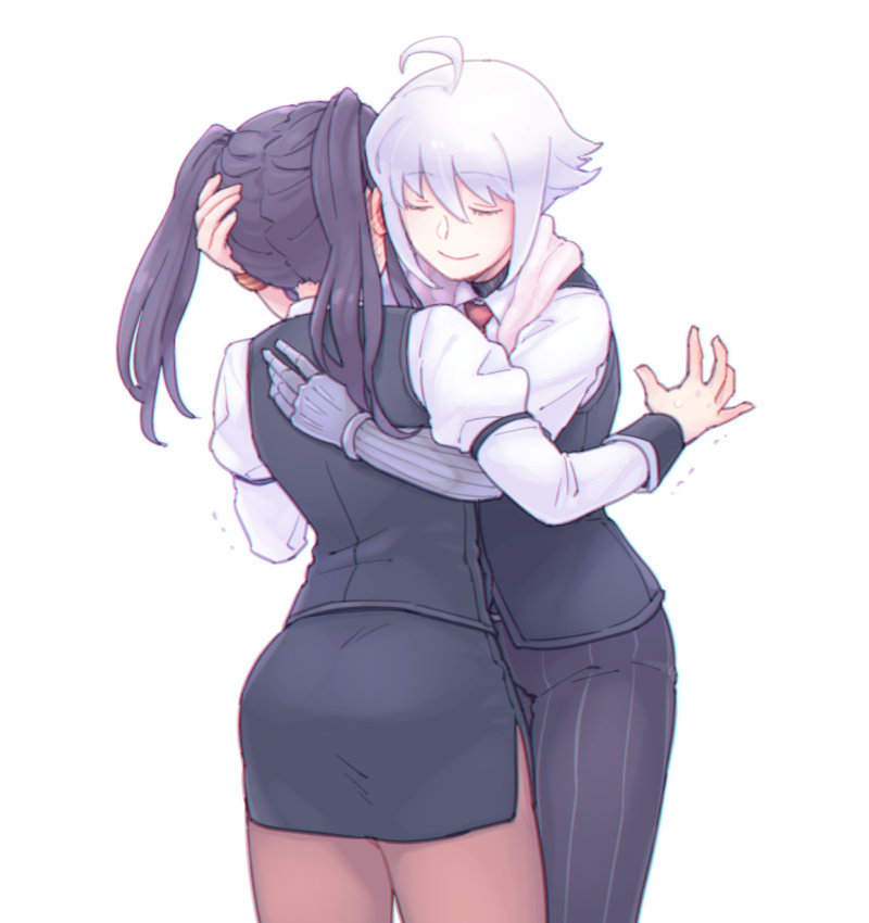 2girls ass black_hair blush brown_legwear closed_eyes dana_zane hug jill_stingray long_hair mechanical_arm multiple_girls necktie pantyhose pencil_skirt simple_background skirt smile twintails va-11_hall-a vest white_background white_hair y_(35504109)